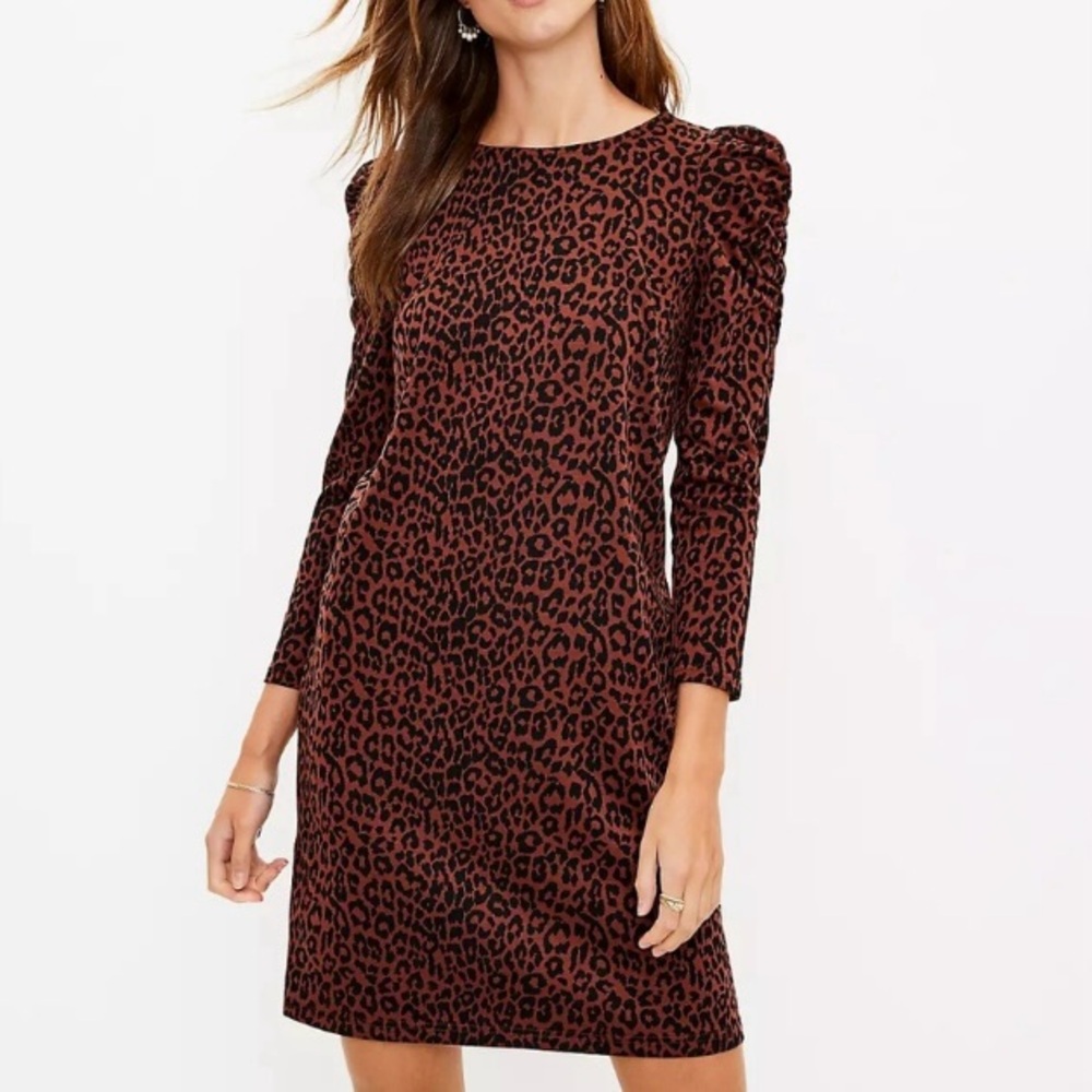 Loft Petite Puff Sleeve Animal Print Dress